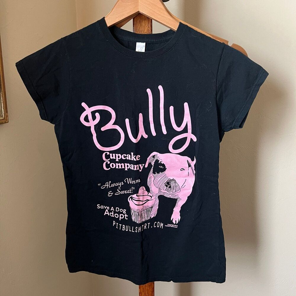 Pitbull Bully Cupcake Company Adopt Rescue Dog T-shirt Women's Medium Black Pink